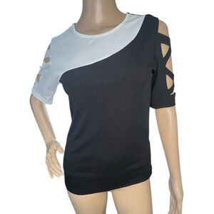 Unbranded Black And White Ribbon Sleeve Ribbed Short Sleeve T-Shirt